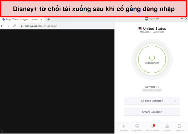 Ảnh chụp màn hình HideIPVPN không truy cập được Disney +.