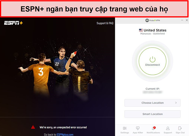 Ảnh chụp màn hình của ESPN + ngăn bạn truy cập các dịch vụ của nó thông qua HideIPVPN.
