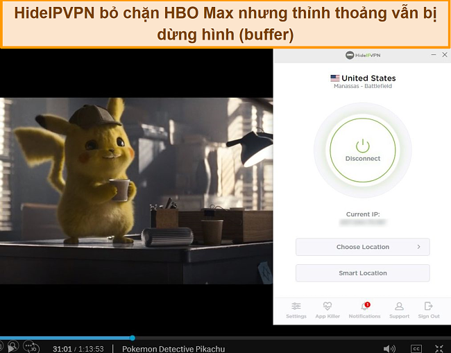 Ảnh chụp màn hình HideIPVPN bỏ chặn HBO Max, phát trực tuyến Pokemon Thám tử Pikachu.