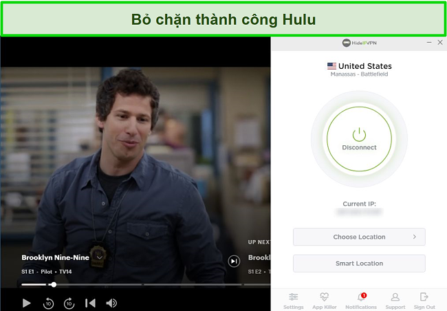 Ảnh chụp màn hình HideIPVPN bỏ chặn Hulu, phát trực tuyến Brooklyn Nine-Nine.