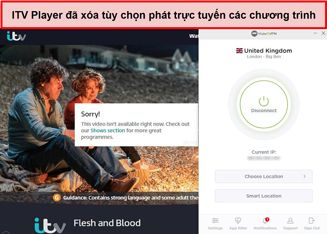 Ảnh chụp màn hình ITV Player loại bỏ tùy chọn phát trực tuyến các chương trình trên kết nối HideIPVPN. Thay vào đó, nó nói rằng video hiện không có sẵn để phát.