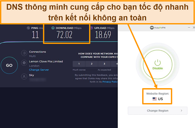 Ảnh chụp màn hình kiểm tra tốc độ DNS thông minh của HideIPVPN.