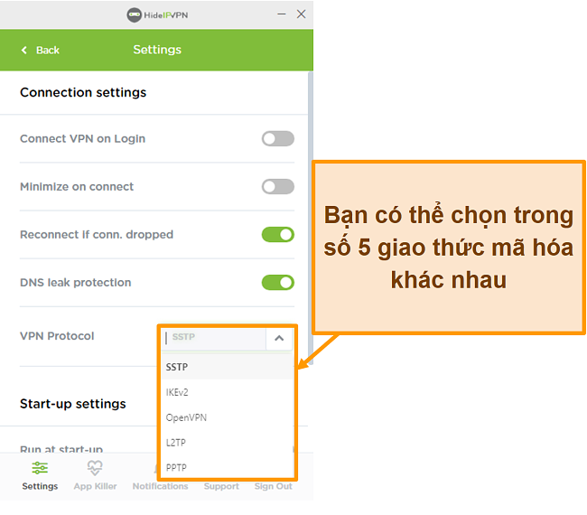 Ảnh chụp màn hình các giao thức mã hóa HideIPVPN.