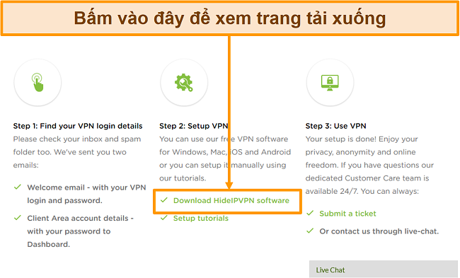 Ảnh chụp màn hình quá trình tạo tài khoản của HideIPVPN, tại đây bạn cần nhấp vào 
