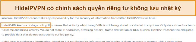 Ảnh chụp màn hình chính sách không ghi nhật ký của HideIPVPN.