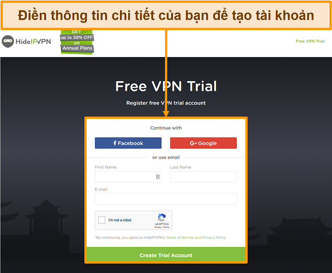 Ảnh chụp màn hình quá trình tạo tài khoản của HideIPVPN.