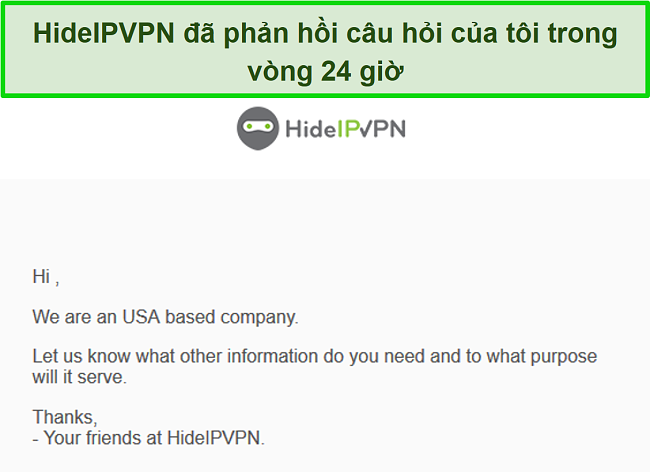 Ảnh chụp màn hình hỗ trợ qua email của HideIPVPN.