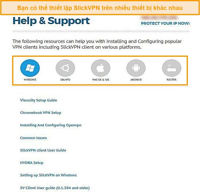 Ảnh chụp màn hình của hướng dẫn hỗ trợ SlickVPN