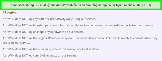 Ảnh chụp màn hình về chính sách không ghi nhật ký của AzireVPN