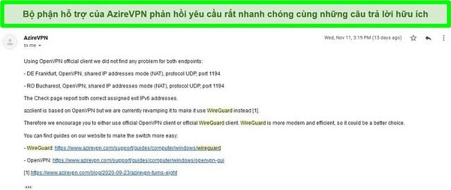 Ảnh chụp màn hình của bộ phận hỗ trợ AzireVPN phản hồi phiếu yêu cầu trợ giúp