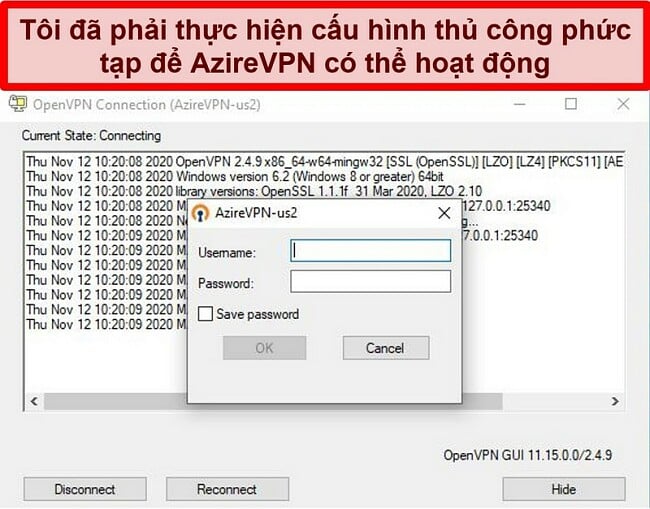 Ảnh chụp màn hình lời nhắc đăng nhập của AzireVPN trong khi sử dụng ứng dụng khách OpenVPN