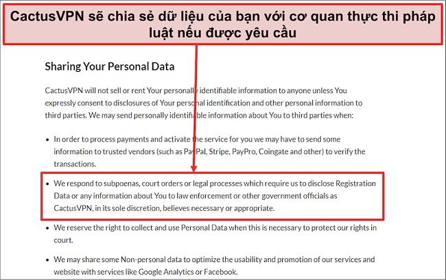 Ảnh chụp màn hình chính sách bảo mật của CactusVPN cho thấy họ sẽ chuyển giao dữ liệu của bạn