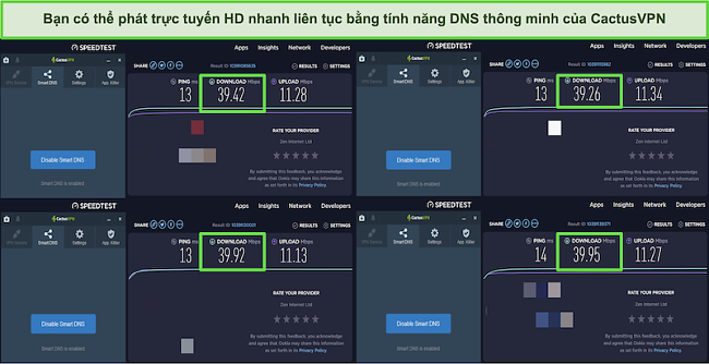 Ảnh chụp màn hình 4 bài kiểm tra tốc độ khi được kết nối với máy chủ DNS thông minh của CactusVPN