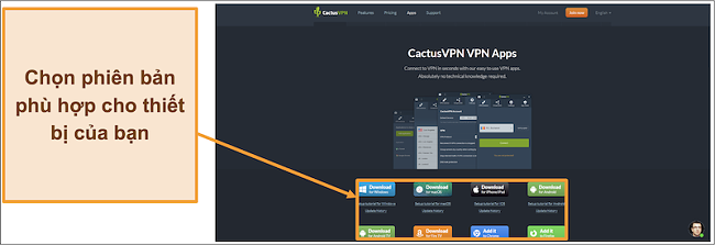 Ảnh chụp màn hình hiển thị nơi tải xuống phiên bản CactusVPN bạn muốn từ trang web của nó