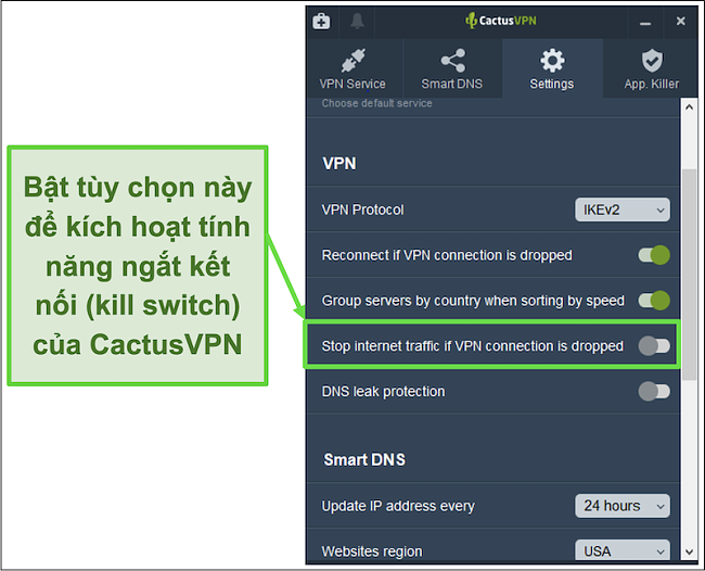 Ảnh chụp màn hình hiển thị cách kích hoạt công tắc tiêu diệt CactusVPN theo cách thủ công