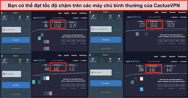 Ảnh chụp màn hình về tốc độ chậm trên các máy chủ bình thường của CactusVPN