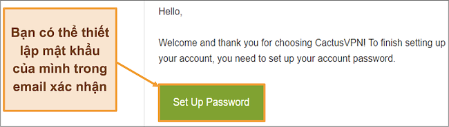 Ảnh chụp màn hình hiển thị email xác nhận từ CactusVPN để tạo mật khẩu cho tài khoản của bạn