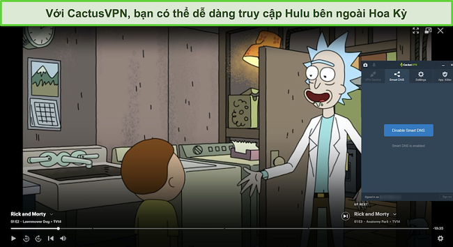 Ảnh chụp màn hình Rick và Morty phát trực tuyến thành công trên Hulu với CactusVPN được kết nối