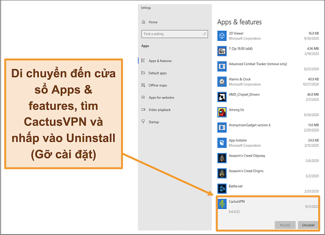 Ảnh chụp màn hình hiển thị cách bắt đầu quá trình gỡ cài đặt CactusVPN từ menu Ứng dụng và tính năng
