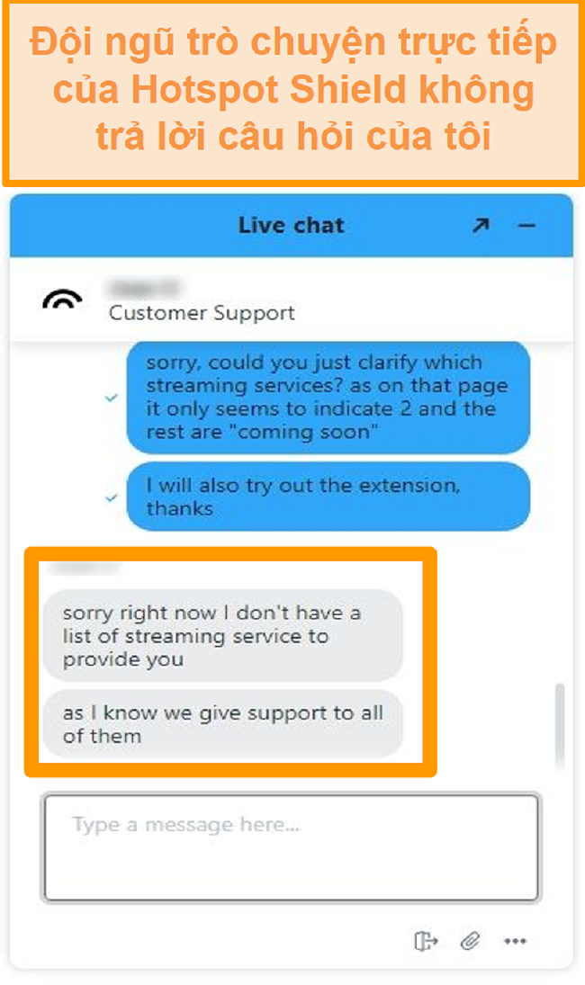 Ảnh chụp màn hình của một nhân viên trò chuyện trực tiếp Hotspot Shield không thể trả lời câu hỏi của tôi
