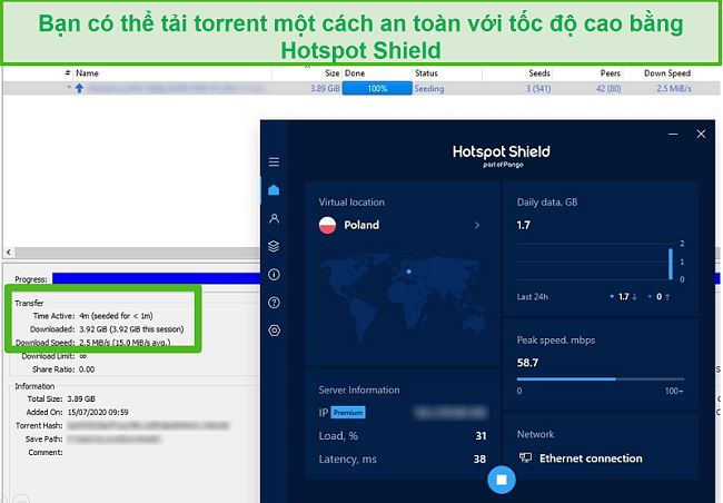 Ảnh chụp màn hình về việc được kết nối với Hotspot Shield khi đang torrent một tệp 4GB trong vòng chưa đầy 4 phút.