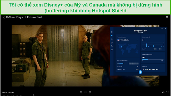 Ảnh chụp màn hình của Hotspot Shield bỏ chặn Disney + và phát trực tuyến X-Men: Days of Future Past.