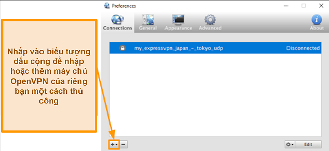 Ảnh chụp màn hình của ứng dụng Độ nhớt cho thấy cách thêm máy chủ OpenVPN