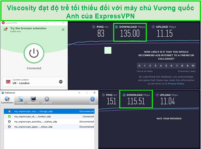 Ảnh chụp màn hình kết quả kiểm tra tốc độ khi được kết nối với các máy chủ của Express VPN tại Vương quốc Anh thông qua cả Visibility và ExpressVPN