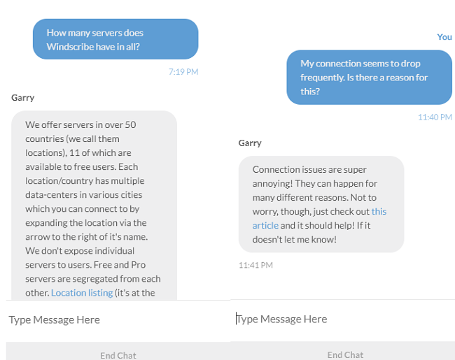 Skjermbilde av Windscribe nyttig kundesupport via chat som svarer på tekniske spørsmål