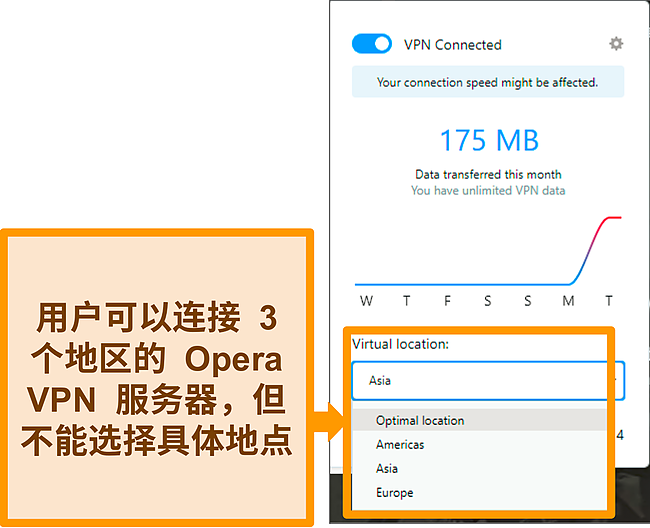 Opera VPN 虚拟位置菜单的屏幕截图。