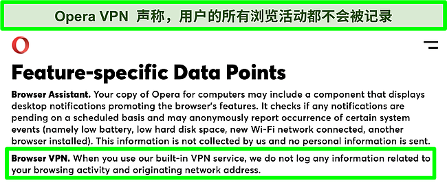 Opera 隐私政策的屏幕截图，显示 VPN 不记录日志。