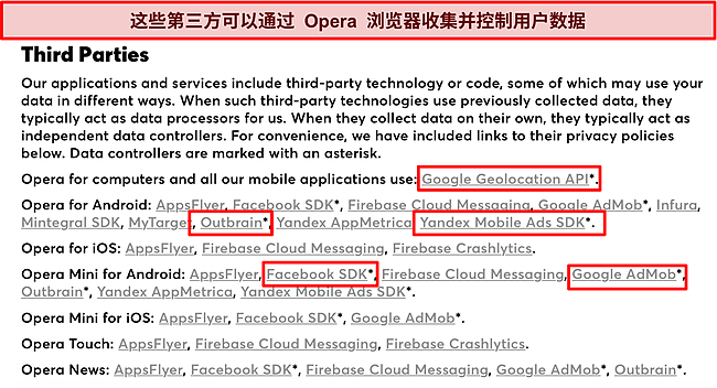 Opera 披露第三方数据收集的隐私政策的屏幕截图。