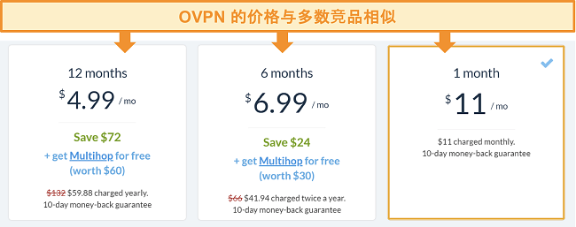 OVPN定价选项的屏幕截图