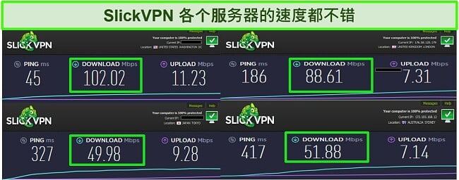 连接到SlickVPN服务器时的4种不同速度测试的屏幕截图