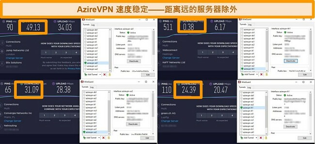 连接到AzireVPN服务器时的4个速度测试的屏幕截图