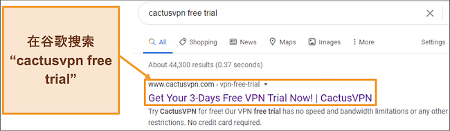 屏幕截图显示了如何在Google上找到CactusVPN免费试用版