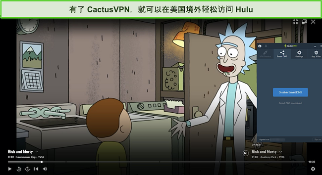 连接了CactusVPN的Rick和Morty在Hulu上成功流式传输的屏幕截图