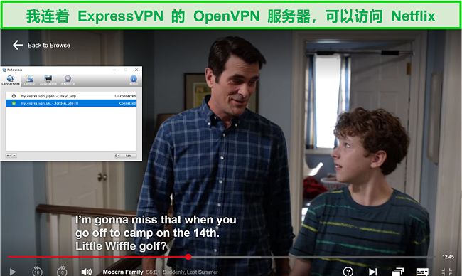 通过ExpressVPN的OpenVPN服务器以Viscosity VPN流式传输的Netflix屏幕快照