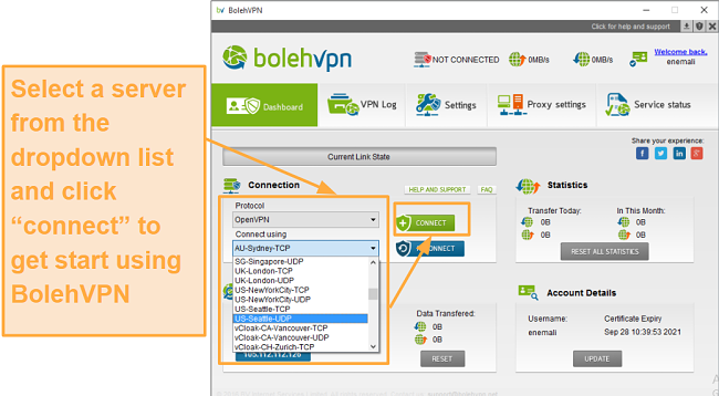 Screenshot of BolehVPN interface