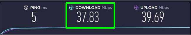 Screenshot of baseline speed test with no VPN connected