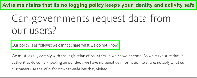 Screenshot of FAQ on governments requesting information on Avira Phantom VPN users
