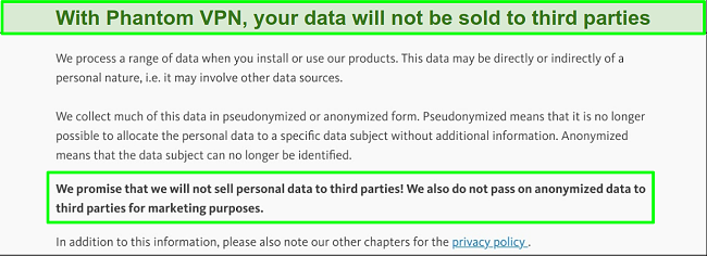 Screenshot of Avira Phantom VPN Privacy Policy on selling user data to third parties