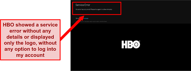 Screenshot of HBO error and logo on screen while connected to Avira Phantom VPN Pro