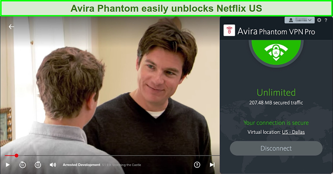 Screenshot of Arrested Development playing on Netflix while Avira Phantom VPN is connected to a server in Dallas, US