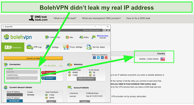 Screenshot of BolehVPN DNS leak test result