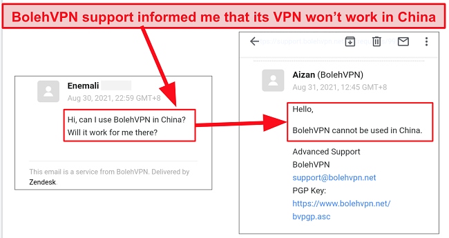 Screenshot of chat with support informing me that the VPN doesn't work in China