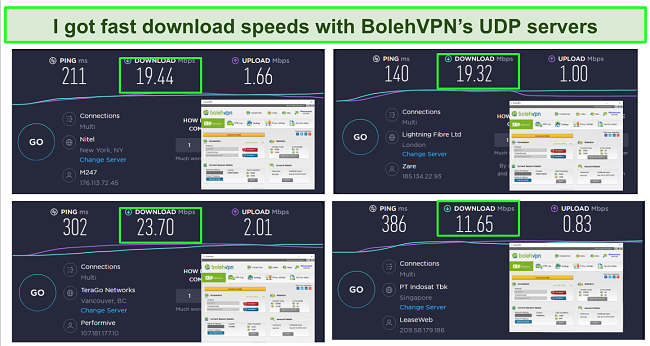 Screenshot of BolehVPN UDP servers in 4 locations
