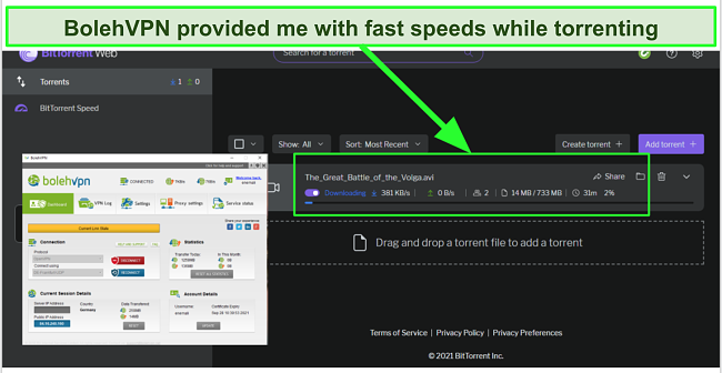 Screenshot torrenting with BolehVPN