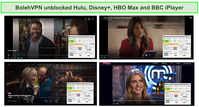 Screenshot of BolehVPN unblocking Hulu, HBO Max, prime Video, Disney+, and BBC iPlayer