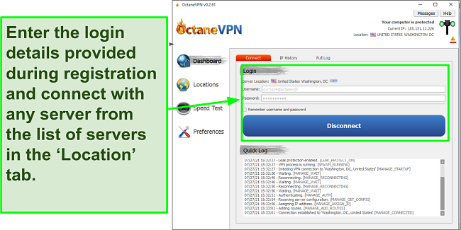 Screenshot of OctaneVPN Login Interface